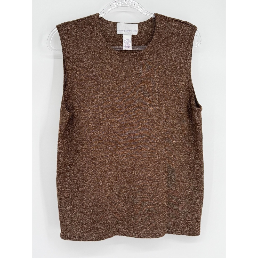 Susan Graver Style Brown Metallic Gold Knit Shell Tank Top Sleeveless Sz L